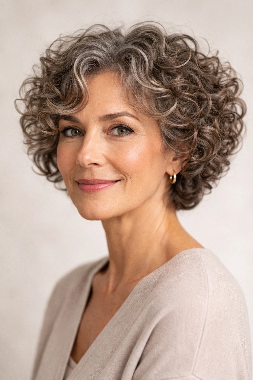 Close-up of a mature woman with a chin-length cropped curly cut showing natural texture and defined curls