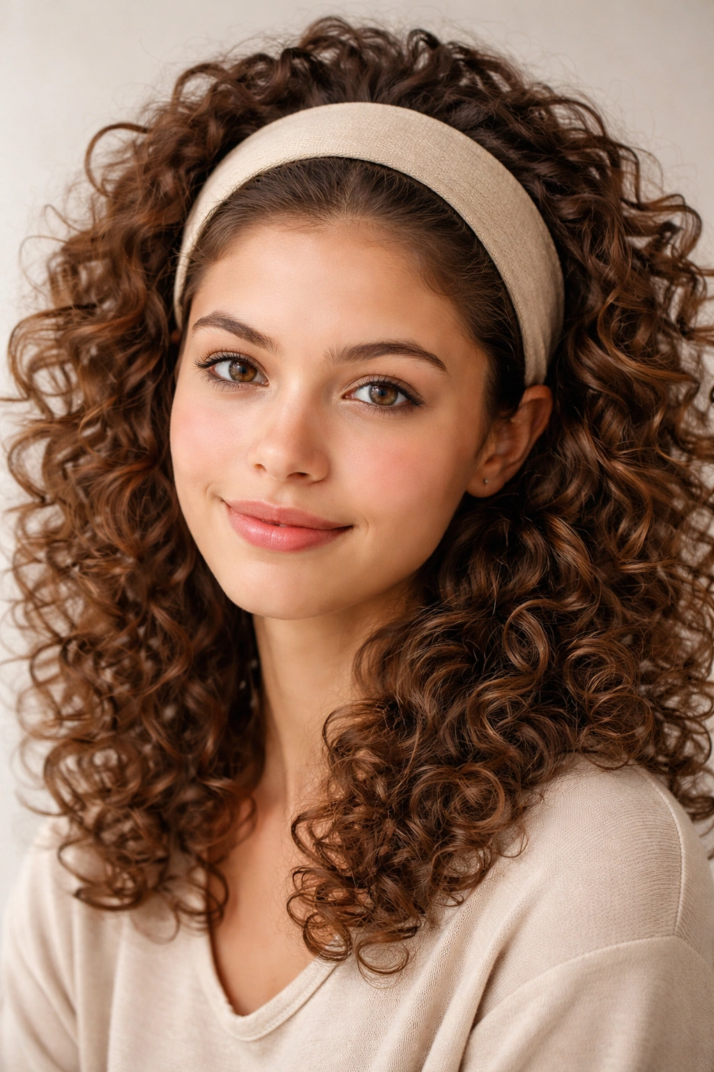 Close-up of Curly Headband Style with fabric headband shaping curls away from face