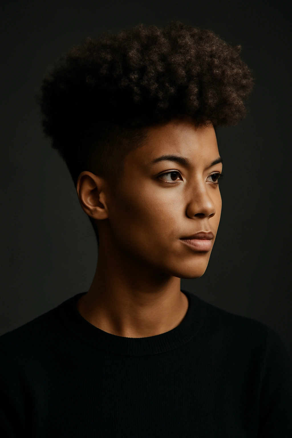 Full head shot of a curly high-top fade with tall top curls