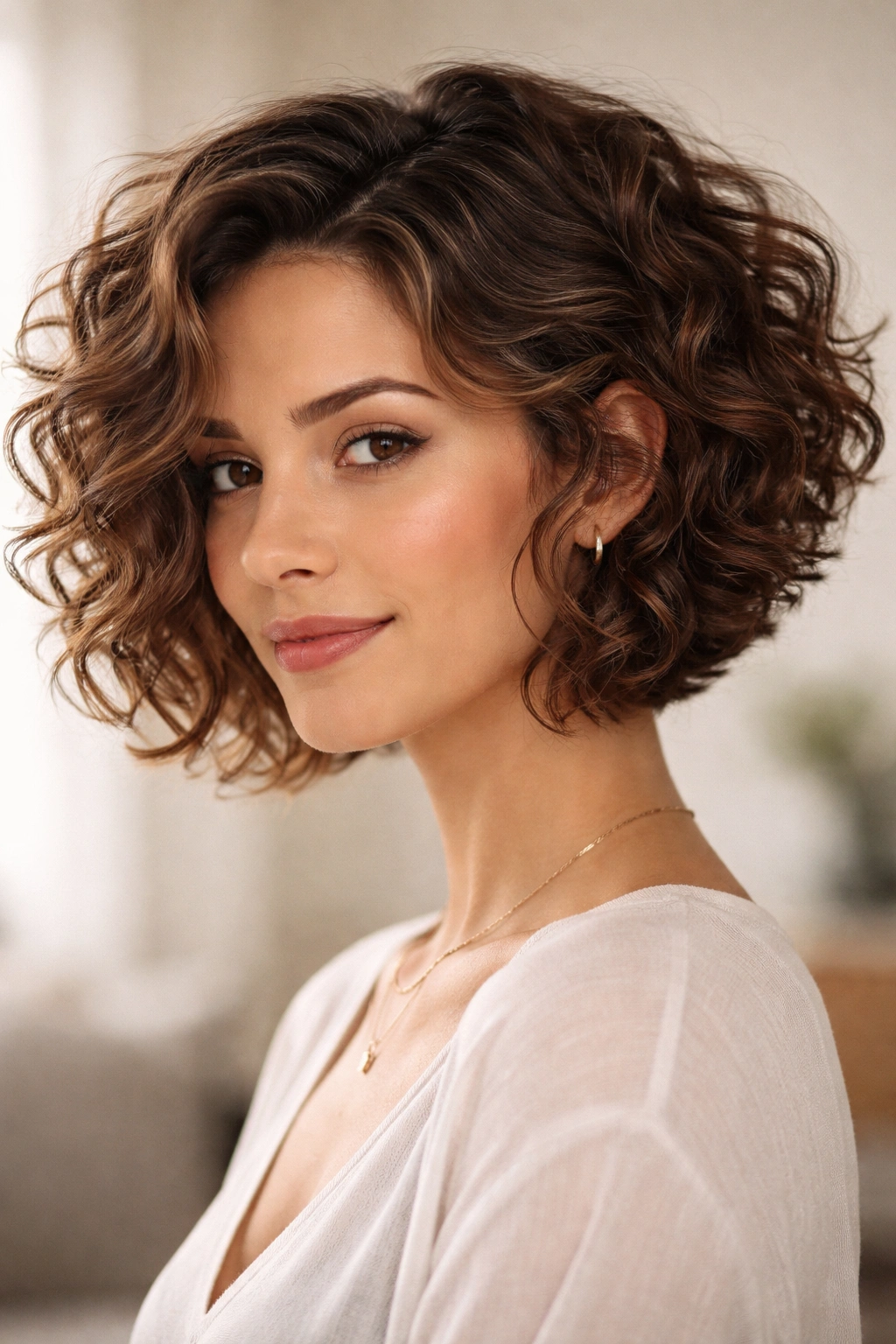 Close-up of curly inverted bob hairstyle with defined natural curls and layered back