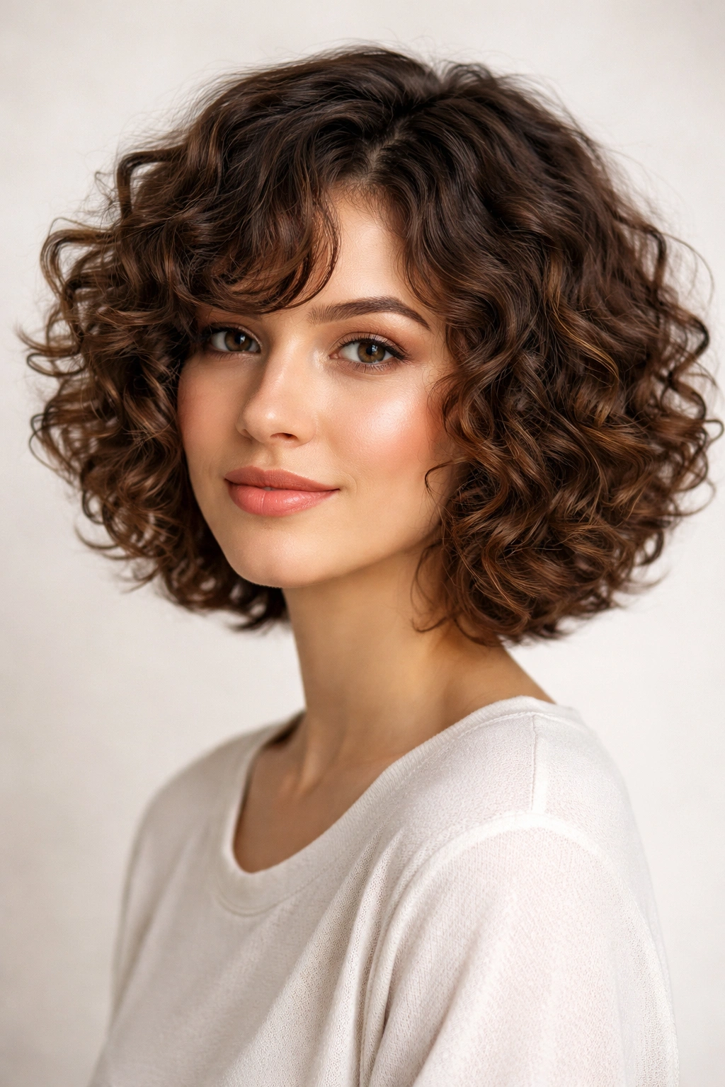 Close-up of curly layered bob on medium curls with front and back layers