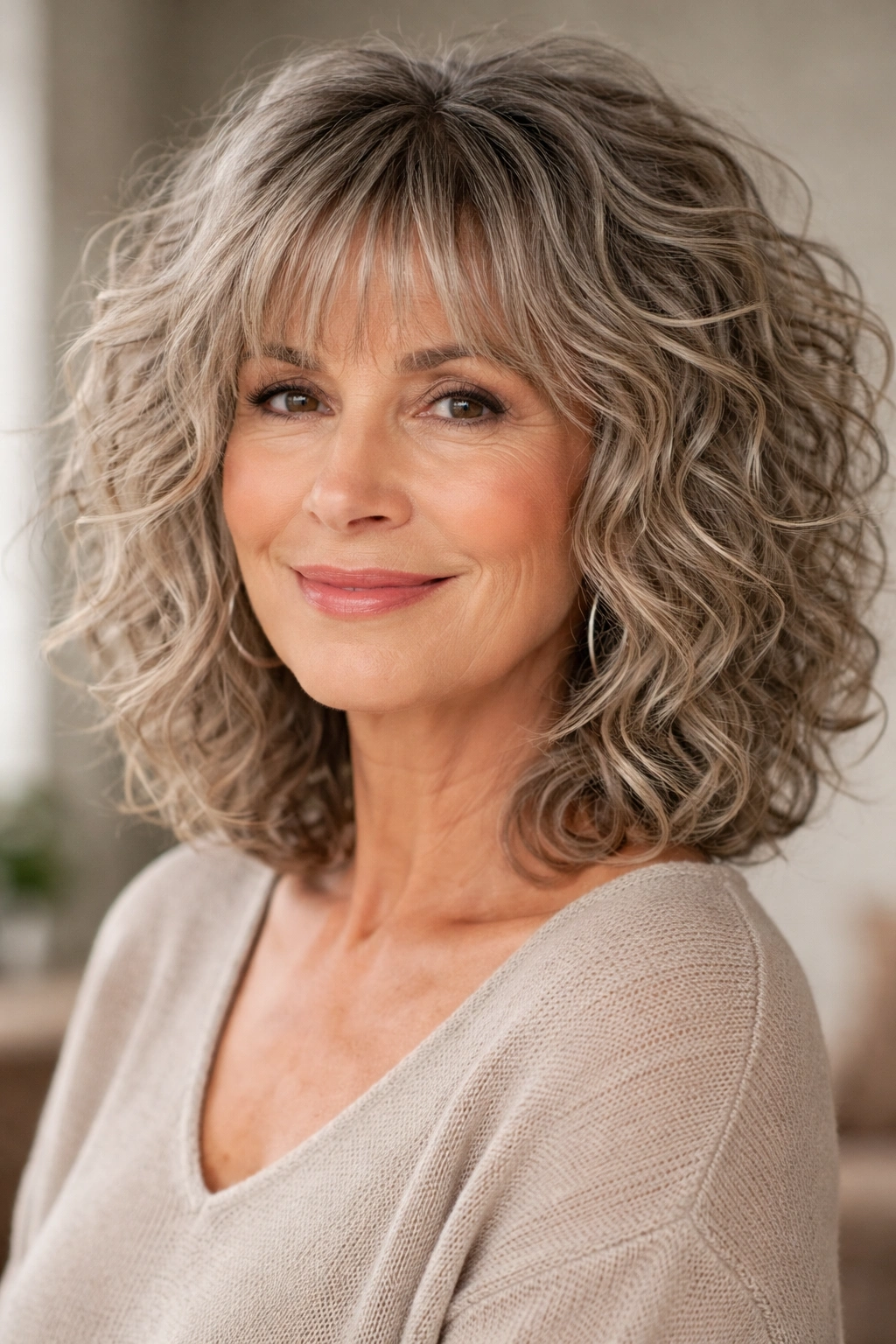Close-up of a mature woman with a curly lob, choppy layers and bangs