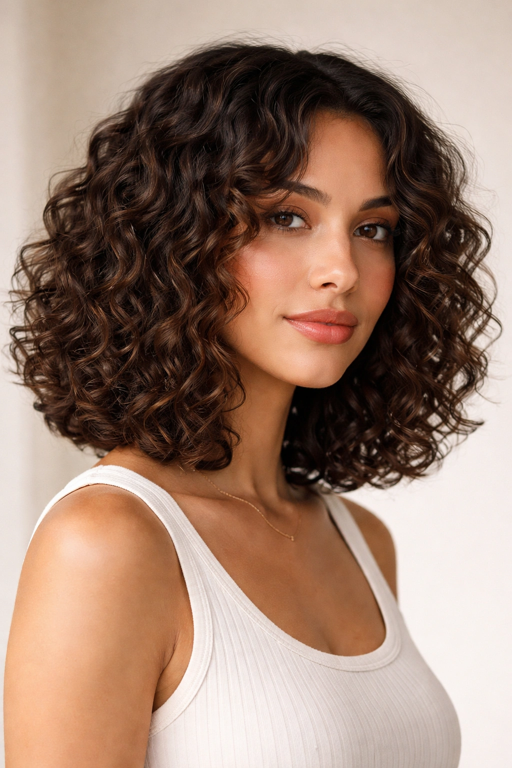 Curly lob on curly hair with blunt ends and defined curls
