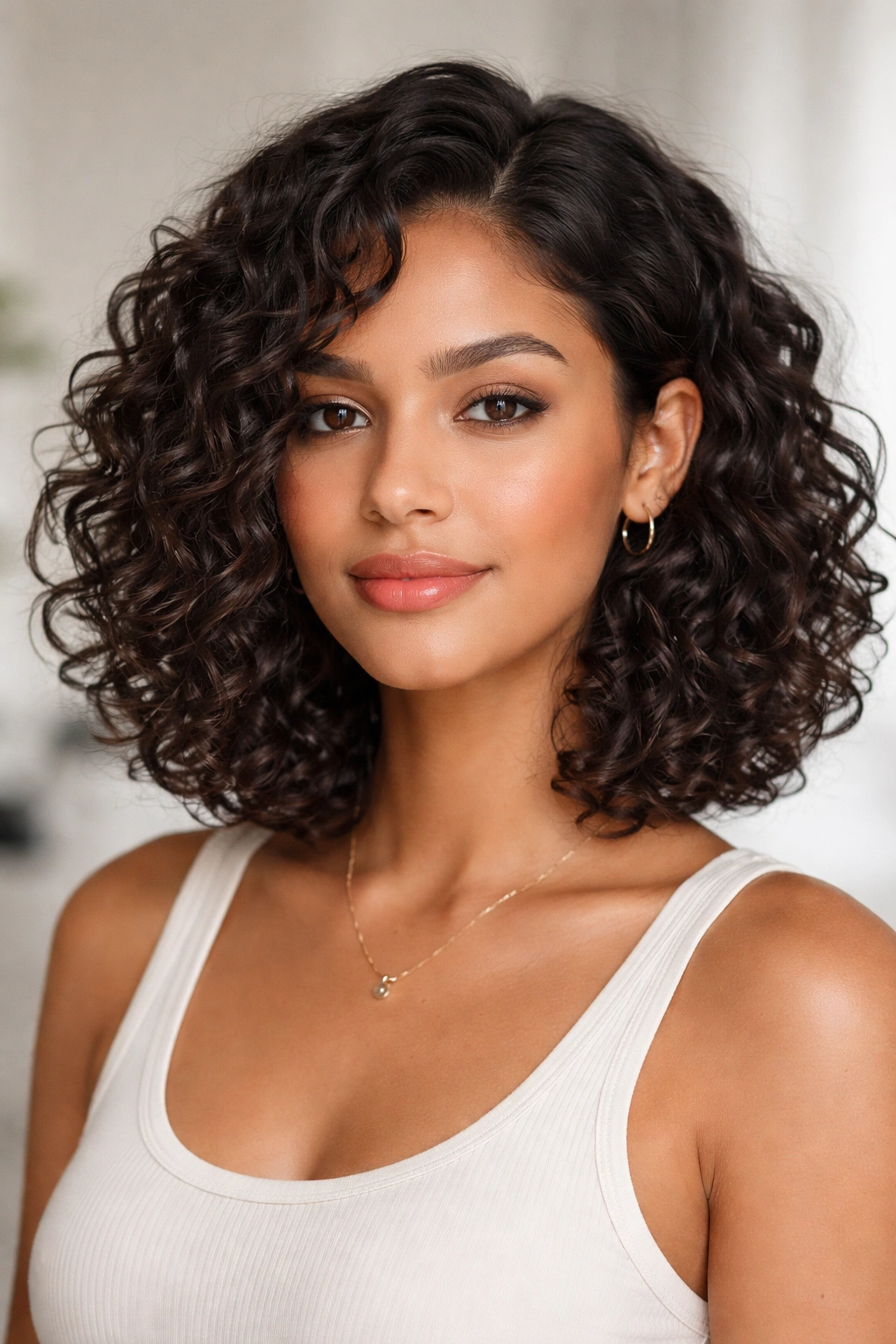 Curly lob with defined curls at chin-to-shoulder length