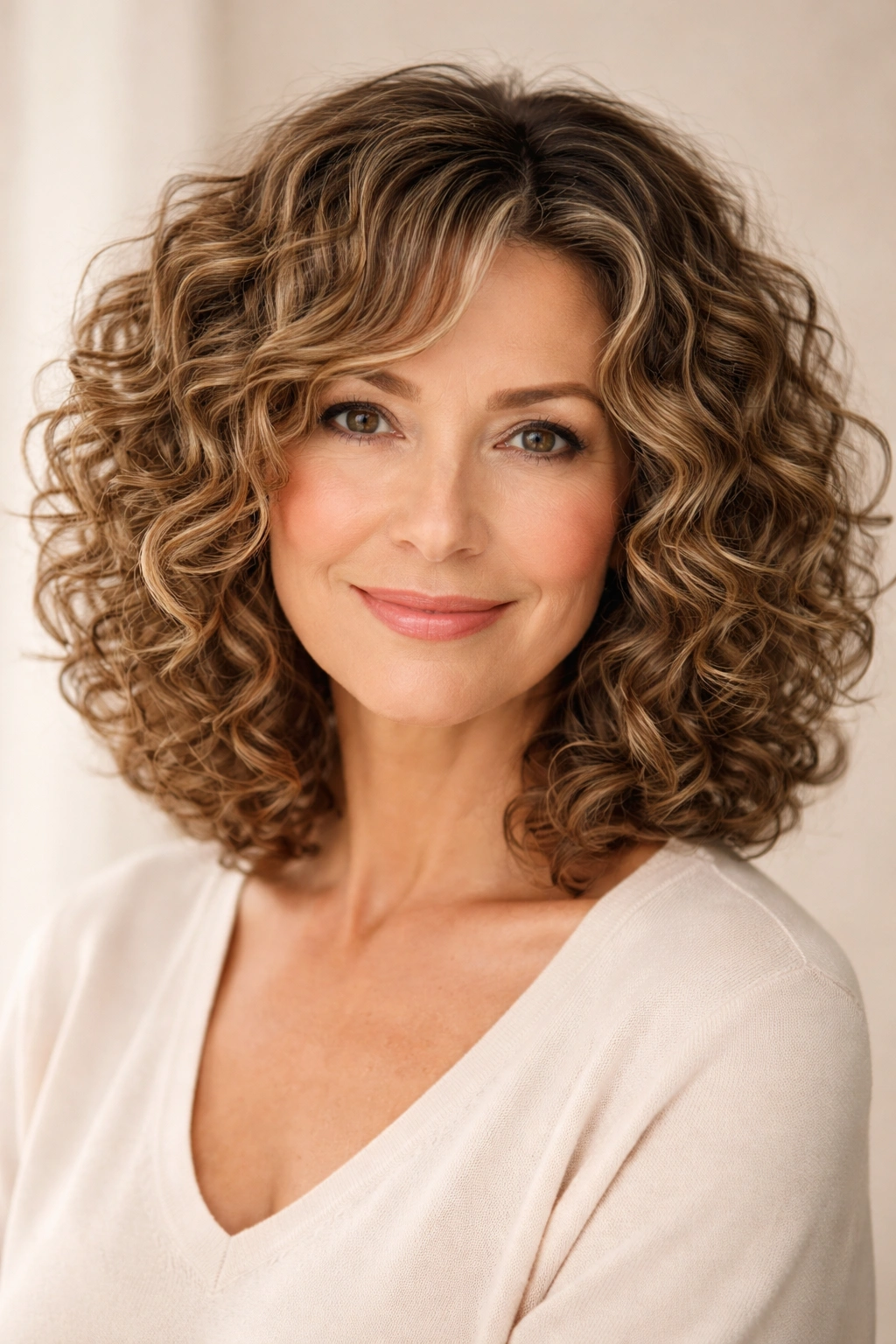 Curly lob with defined ringlets, bouncy curls and shoulder-length cut.