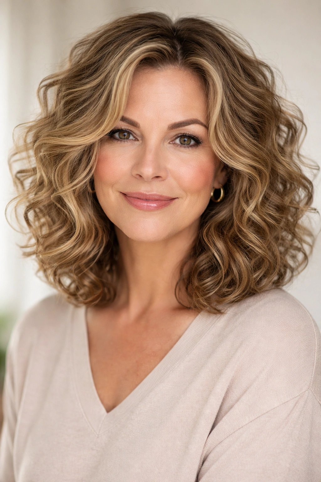 Shoulder-length curly lob with face-framing pieces on a mature woman