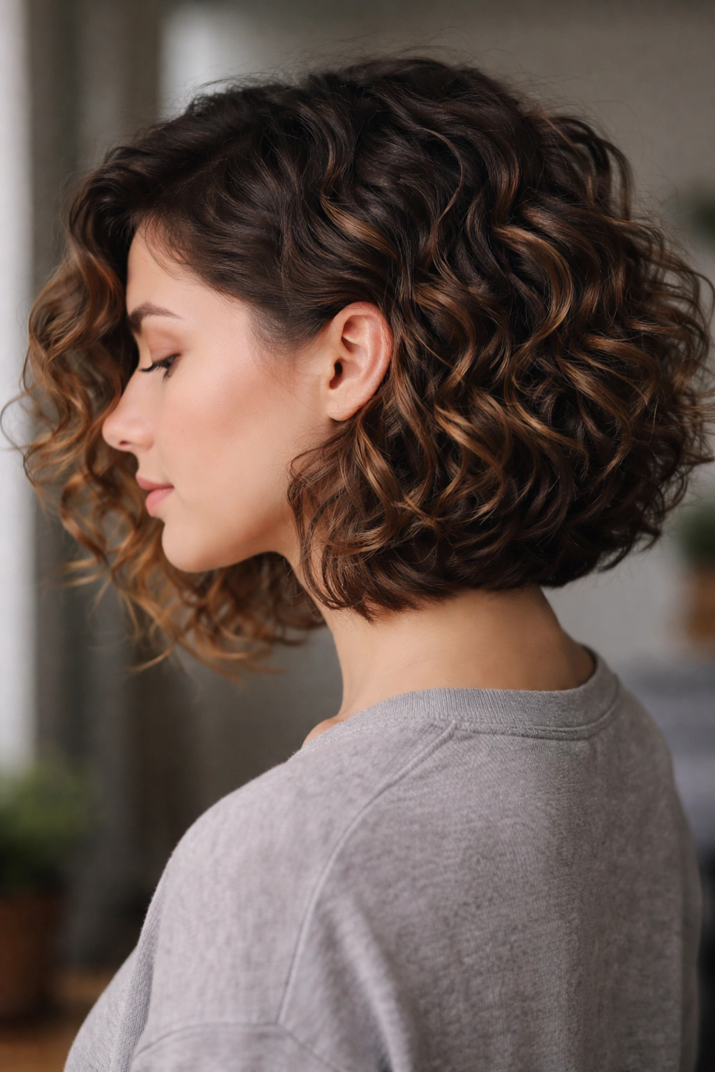 Curly shoulder-length lob showing hidden underlayers beneath the surface