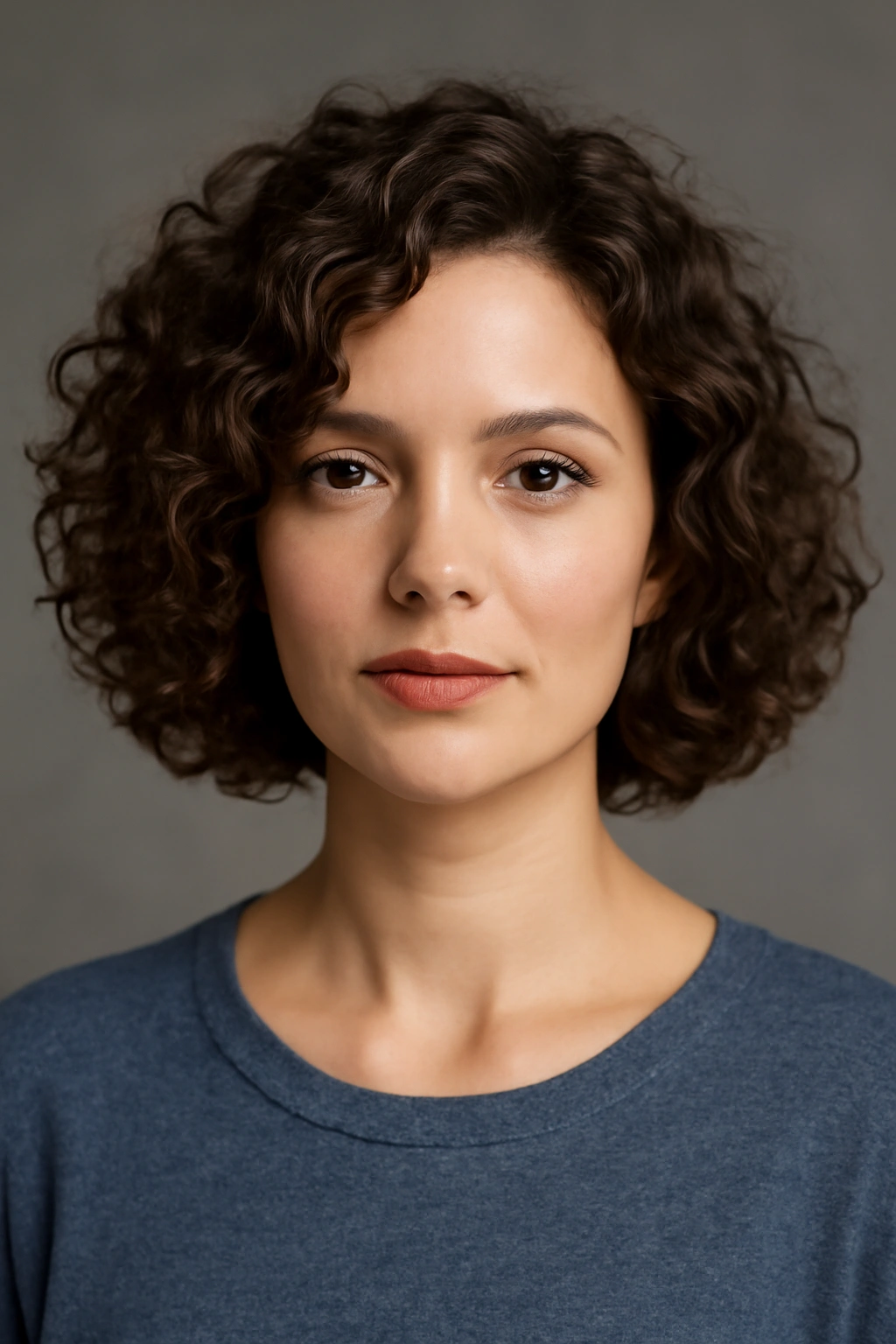 Portrait of a woman with a curly lob hairstyle