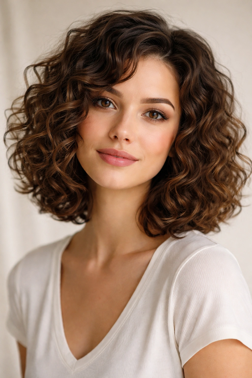 20 Short Curly Haircuts That Look Incredible 10 Portrait of a person with a curly lob showing chin-length curls and layering.