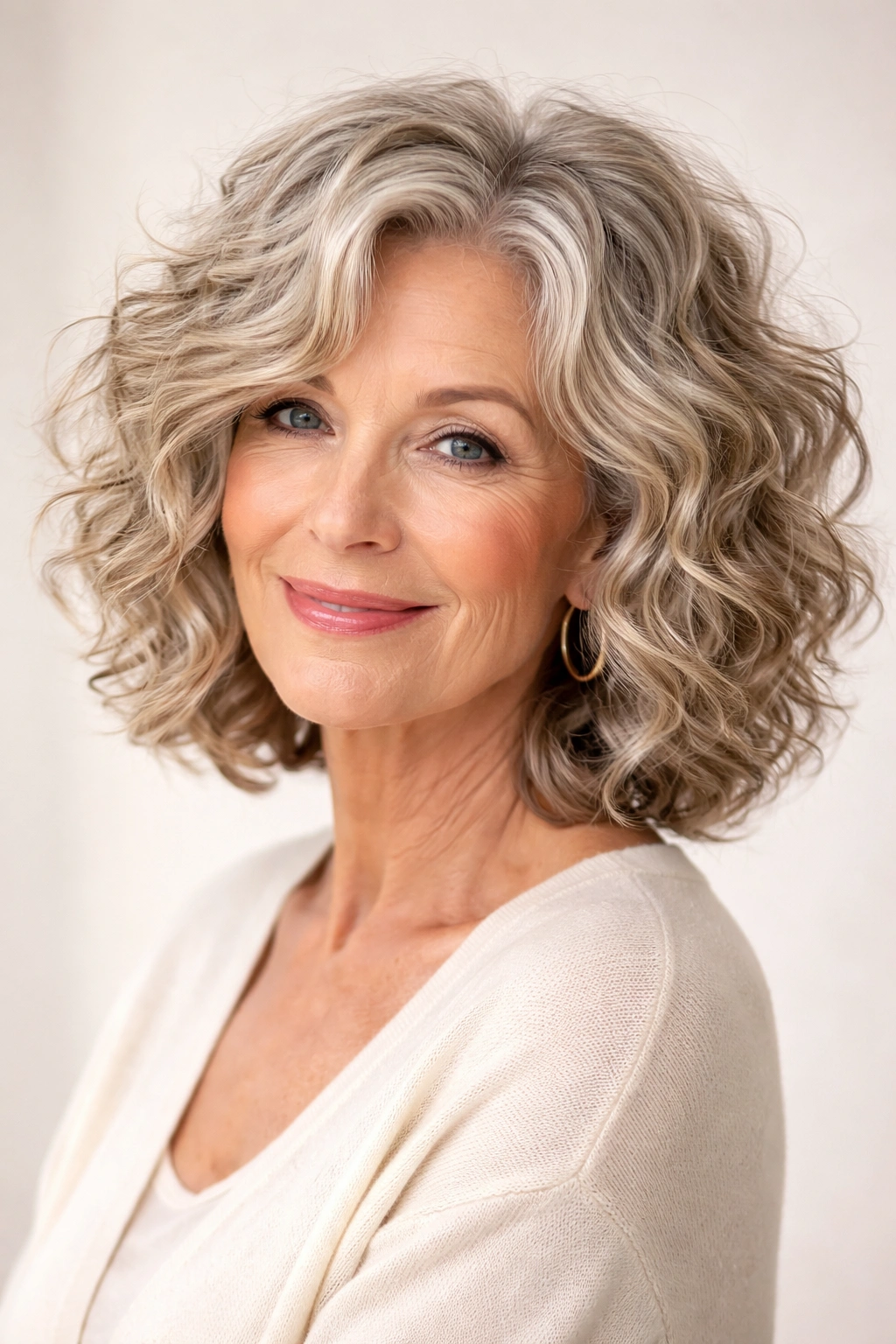 Curly lob with textured, tousled curls and volume.