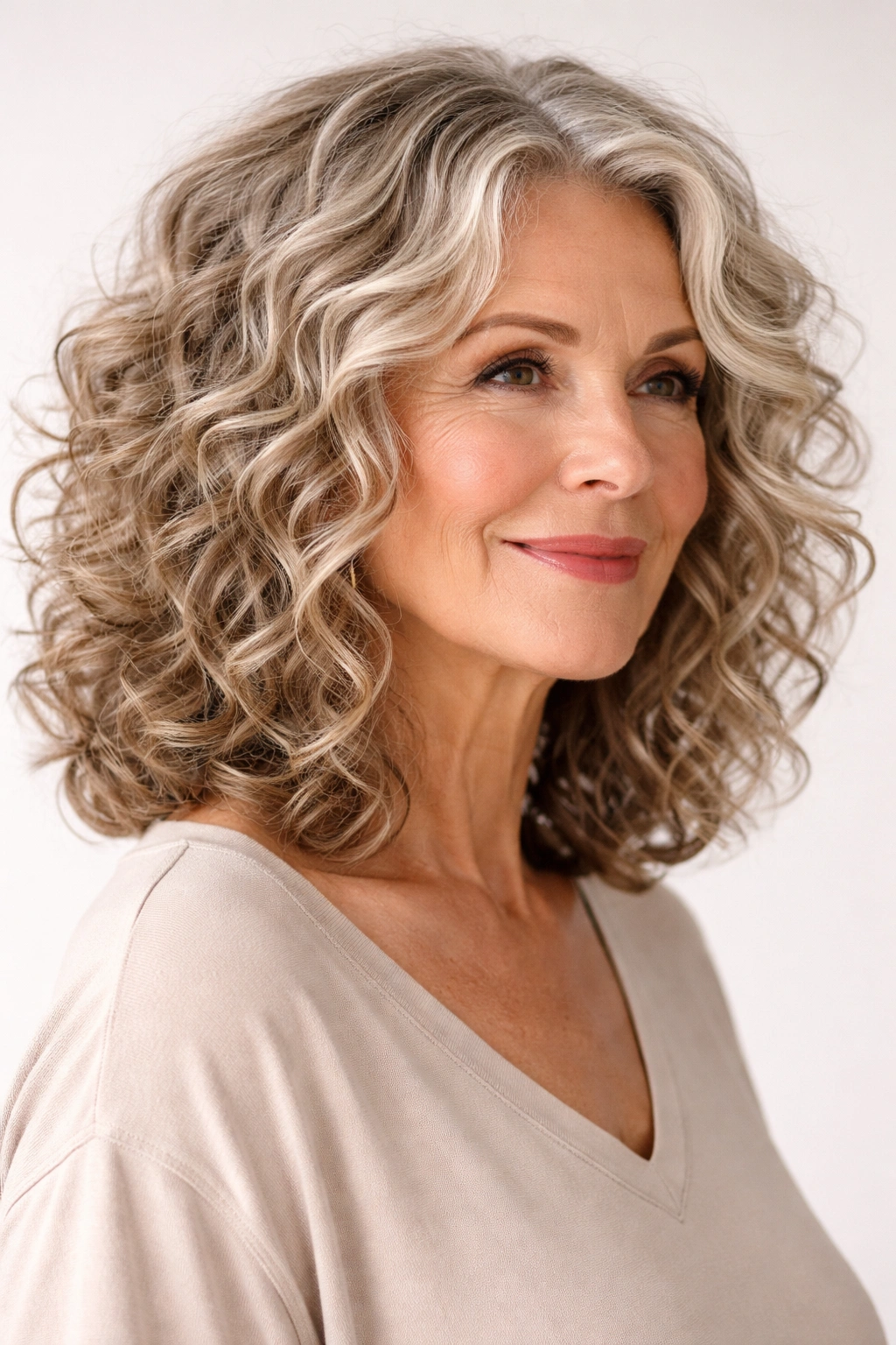 Textured curly lob with layered curls just below shoulders