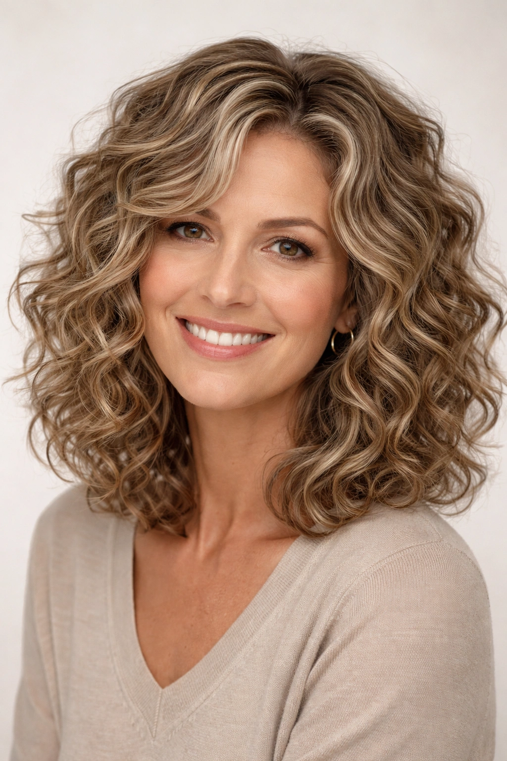 Shoulder-length curly lob with textured layers and face-framing pieces