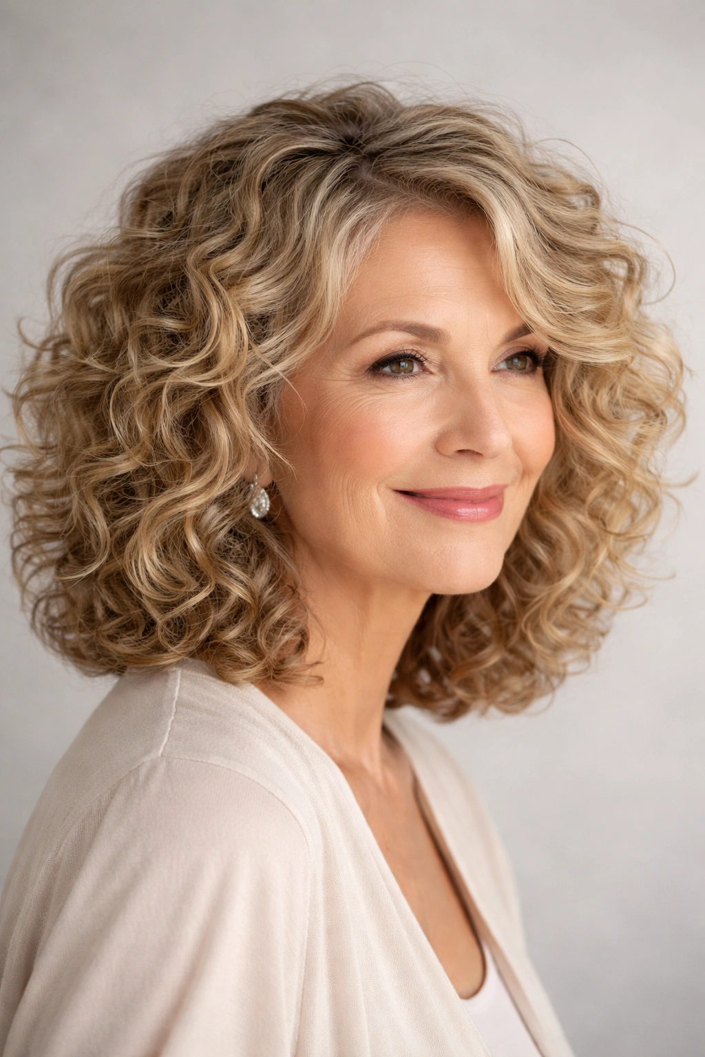 Curly lob hairstyle with shoulder-length voluminous curls and defined coils