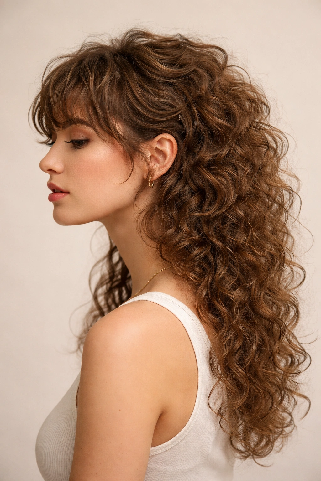 Profile view of curly lullet with short top and longer back curls
