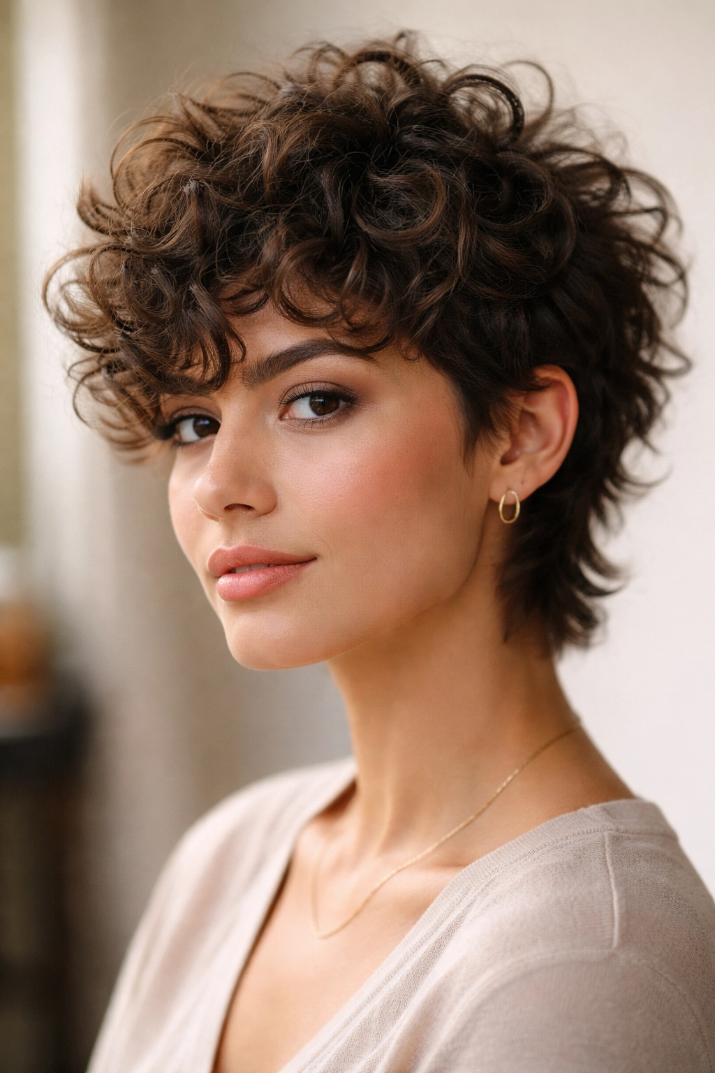 8 Mixie Haircuts Blending Mullet And Pixie 7 Close-up portrait of a person with a curly textured mixie haircut highlighting layered curls.