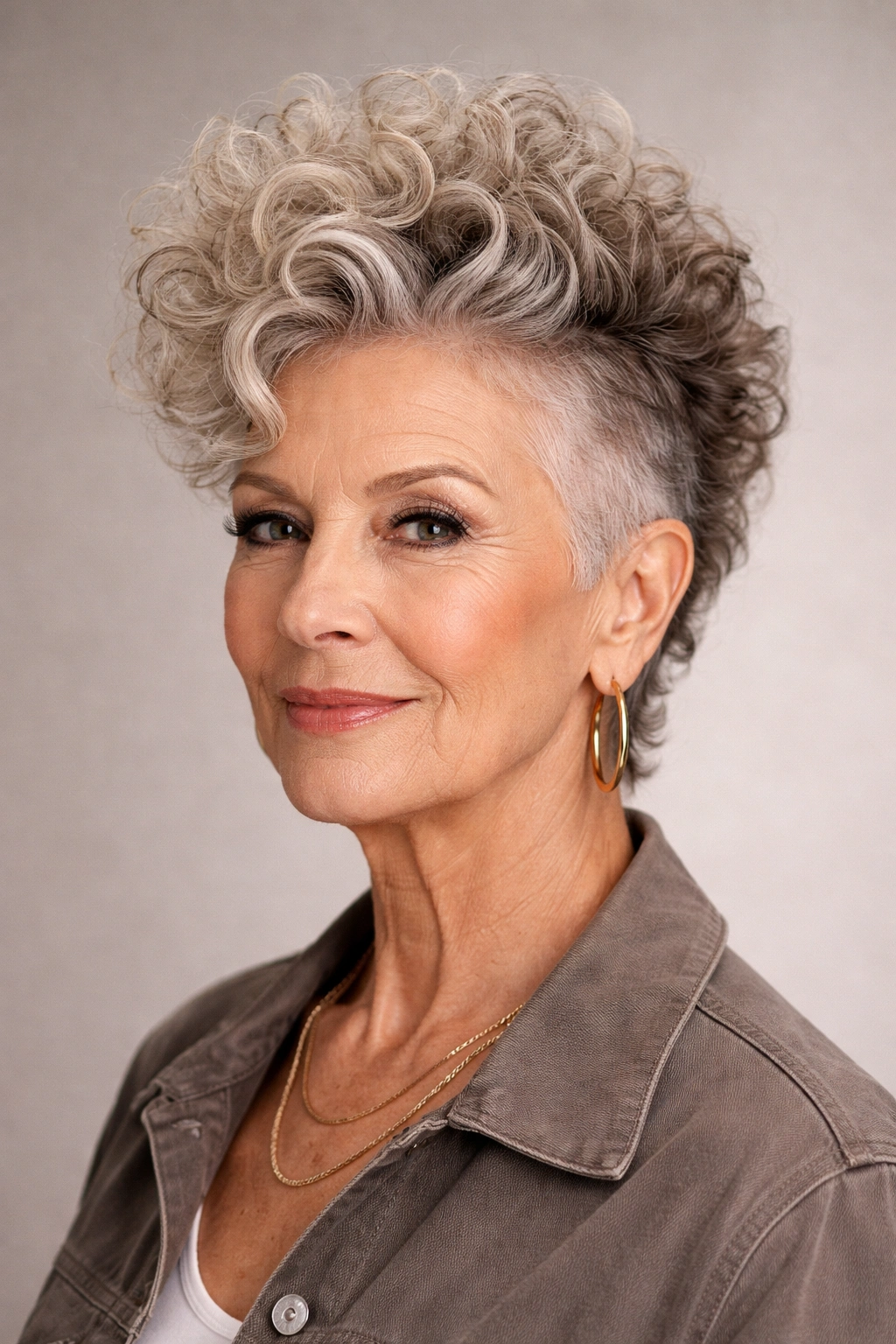 Mature woman with a soft curly Mohawk