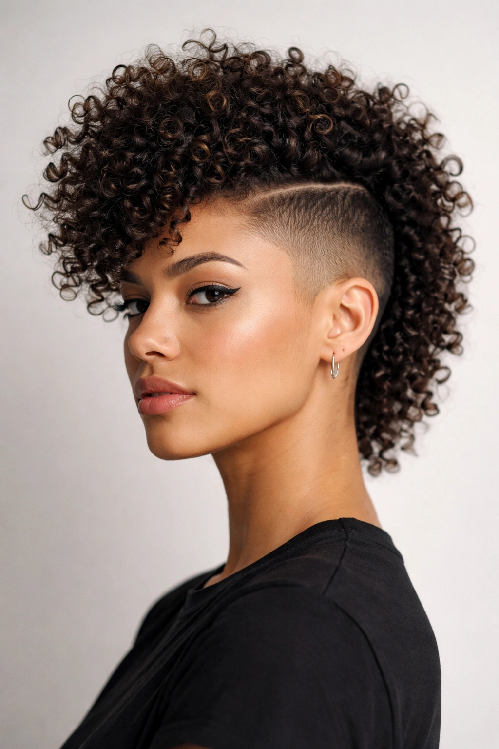 Close portrait of a bold curly mohawk with a long center strip and faded sides