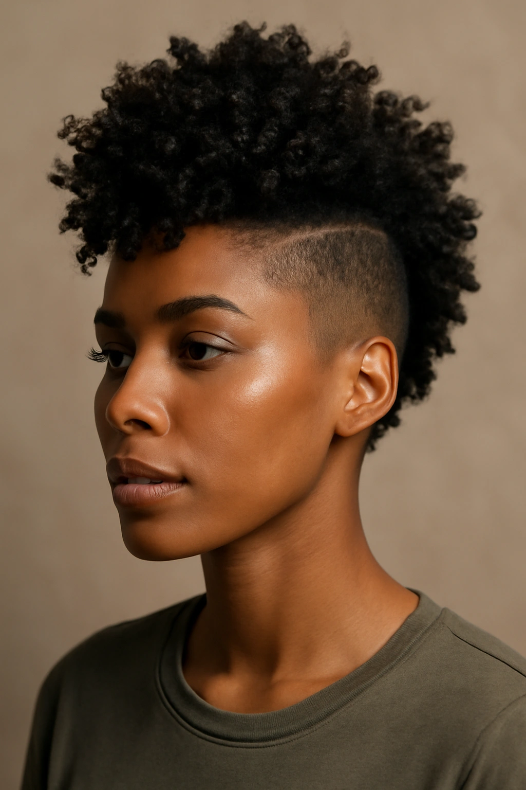 30 Short Haircuts for Black Women 11 Portrait of a Black woman with a curly mohawk fade