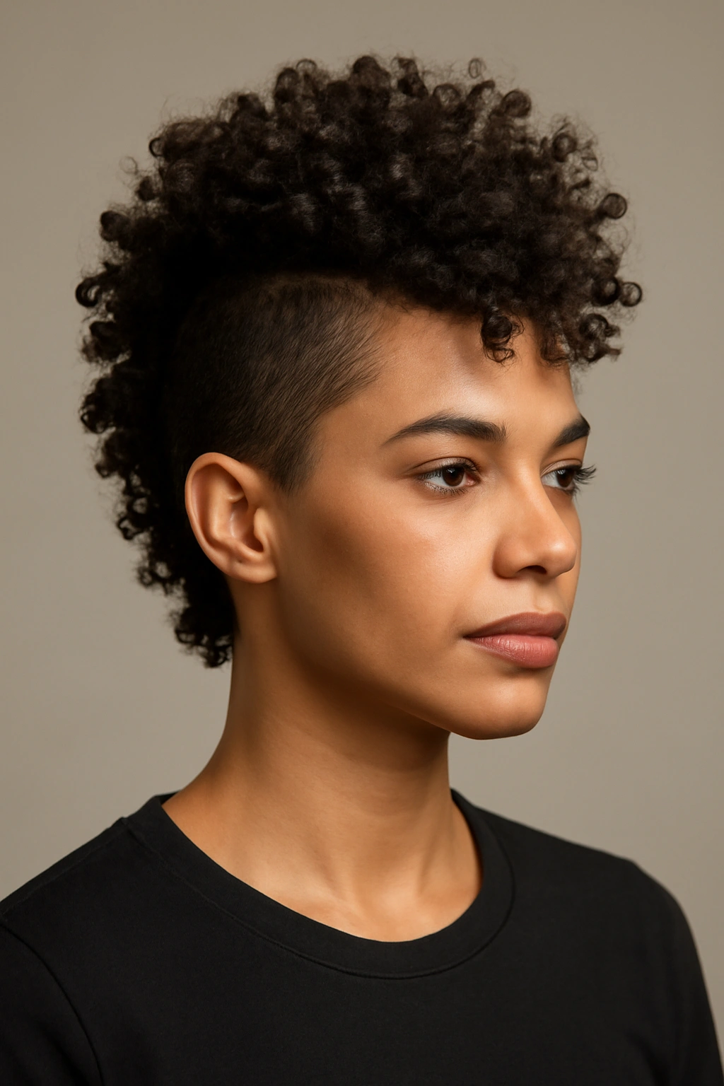 Head-and-shoulders of a curly fauxhawk with center ridge and tapered sides