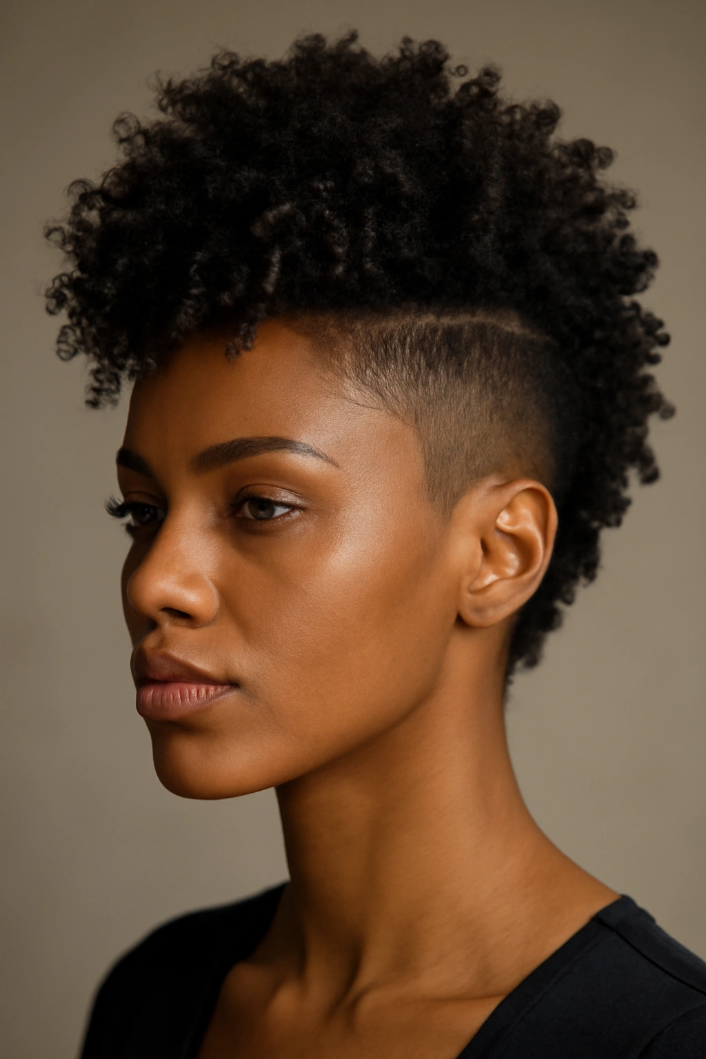 10 Short Sew In Styles Black Women Should Try Now 7 Close-up portrait of a person with a tall curly mohawk featuring a center column of voluminous curls and faded sides