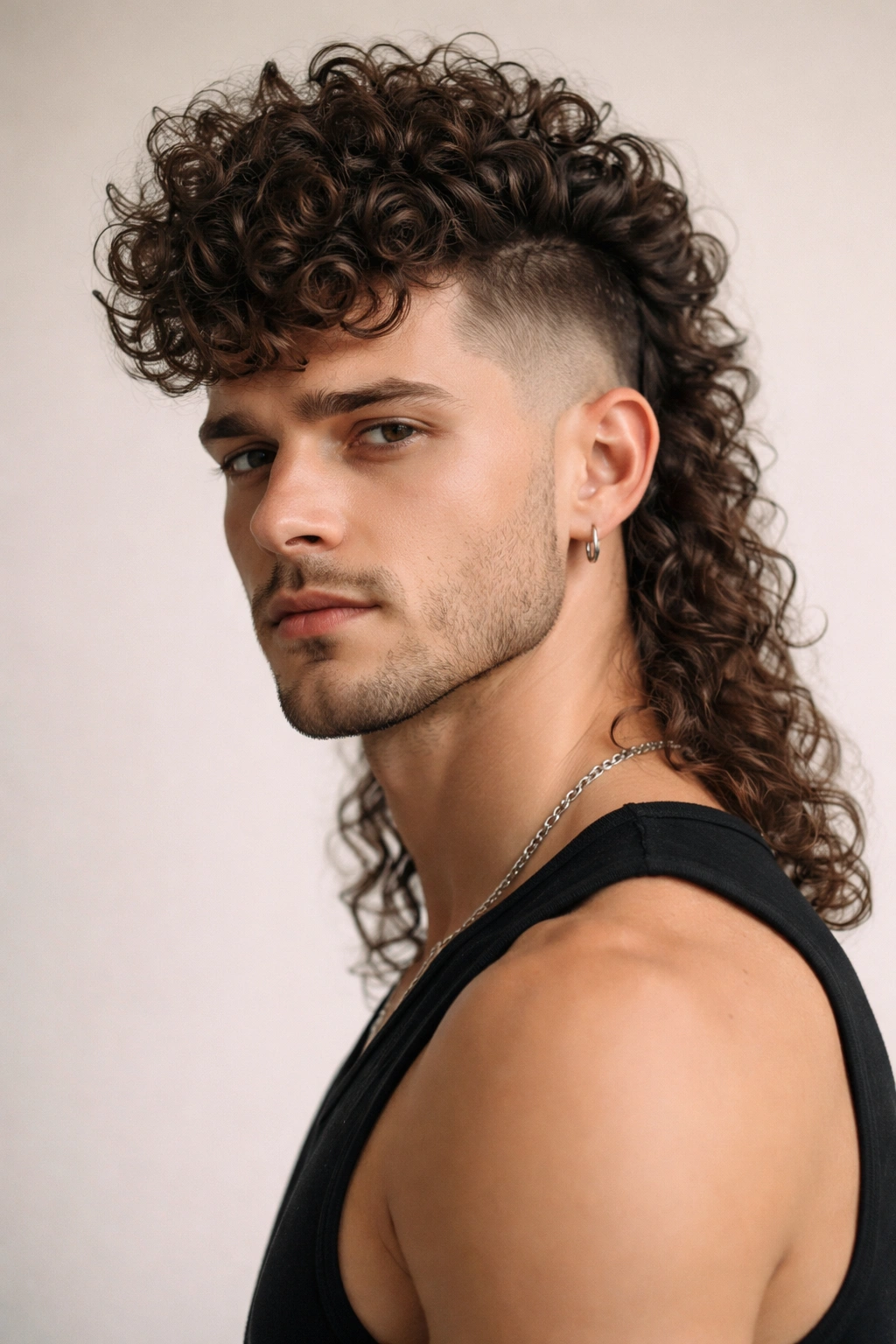 Curly Mohawk-inspired mullet with center curl strip and faded sides