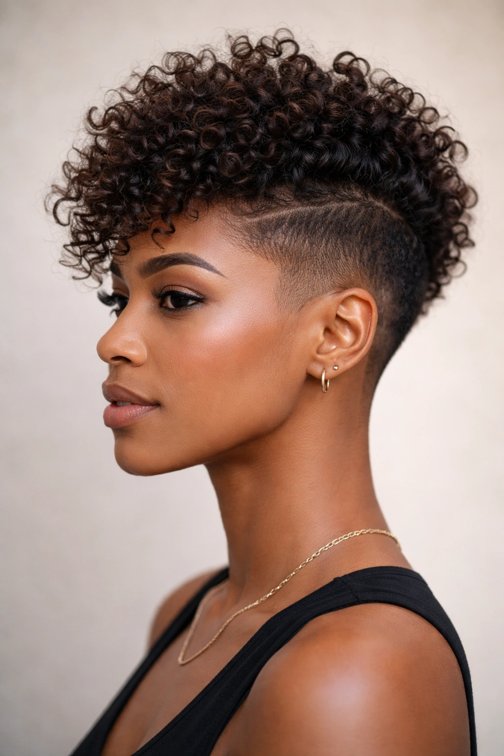 10 Short Taper Haircuts That Look Sharp On Women 9 Close-up portrait of a person with curly mohawk and tapered sides