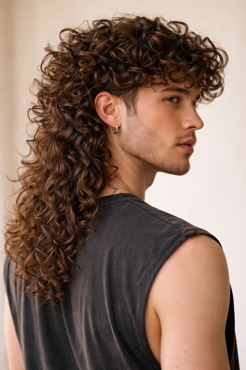 Portrait of Curly Long Mullet showing natural curls and long back length