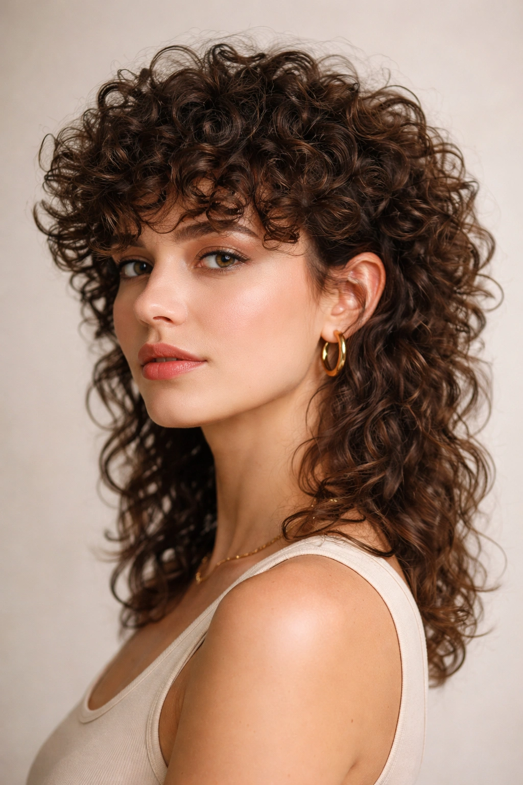 Portrait of a curly mullet bob hybrid with short top and long back.