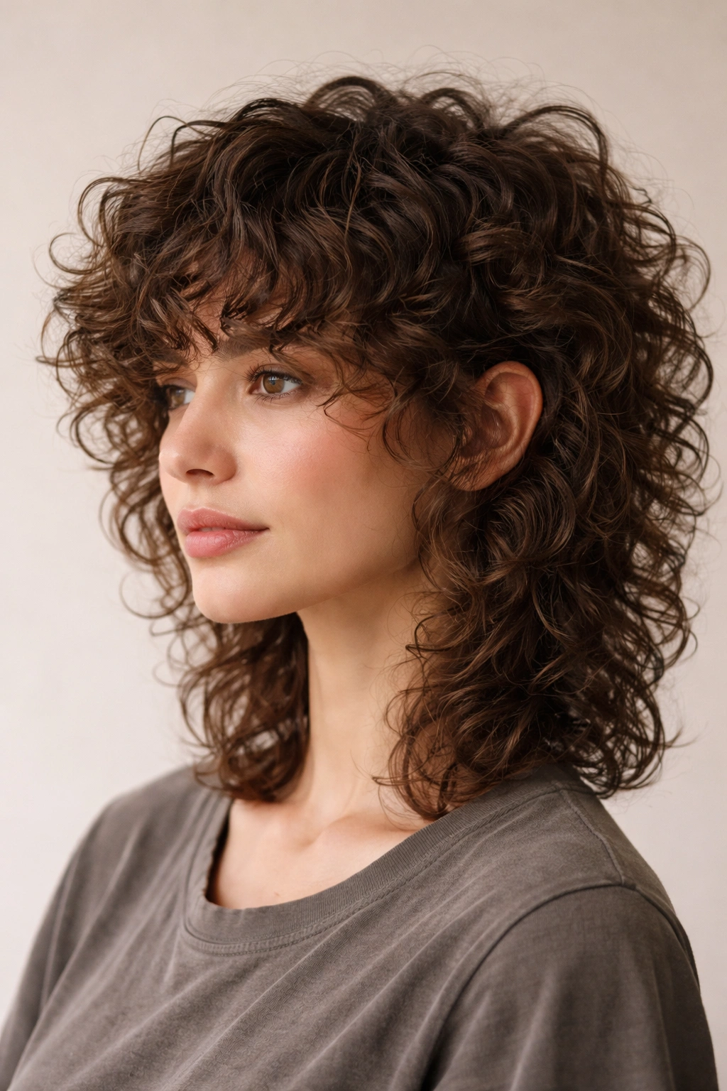 20 Curly Bob Styles For Natural And Permed Curls 19 Close-up of curly mullet bob hairstyle with layered front and longer back, highly textured curls