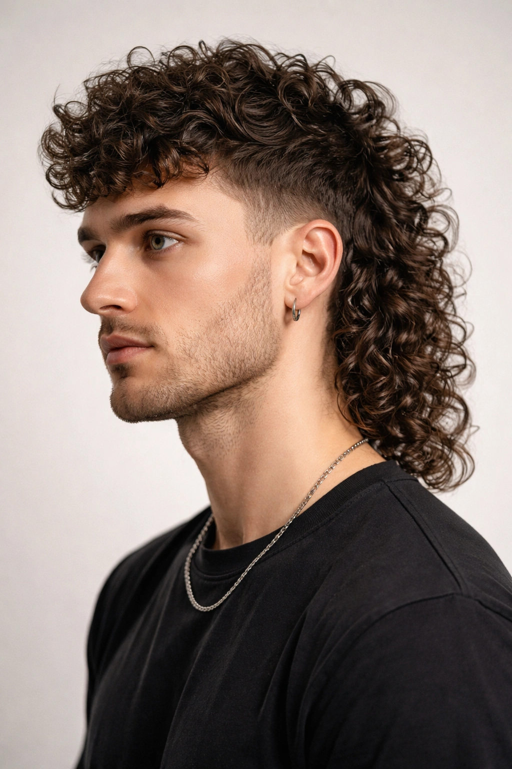The Curly Mullet hairstyle with short front and longer back showing curl texture.