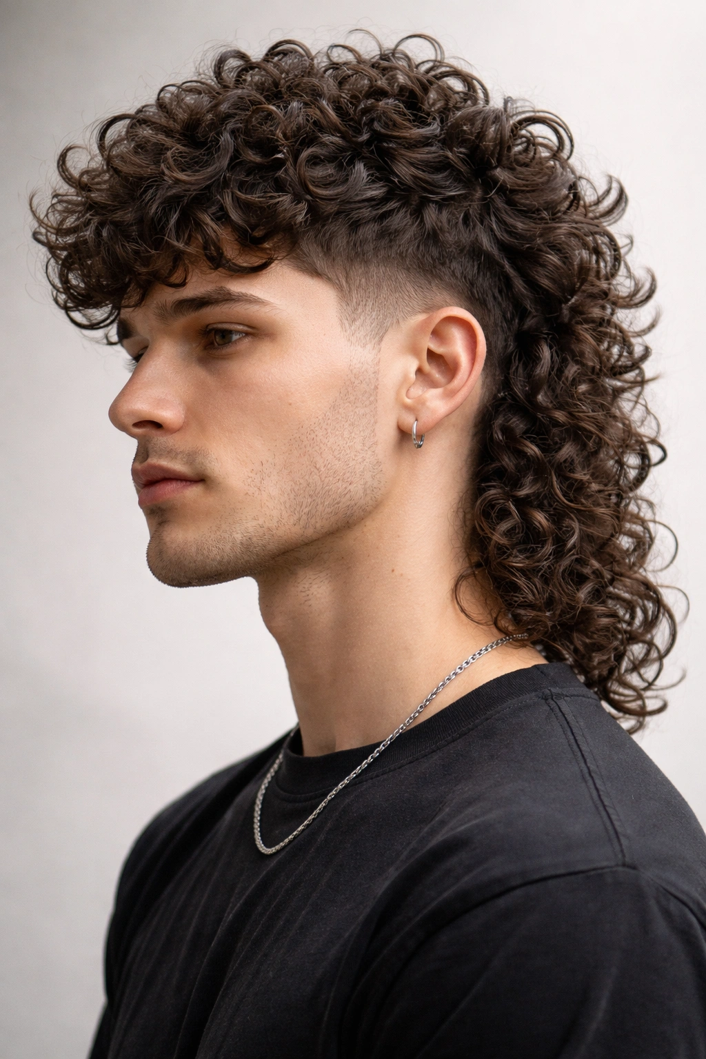 Portrait of curly mullet showing defined curls at back and shorter sides