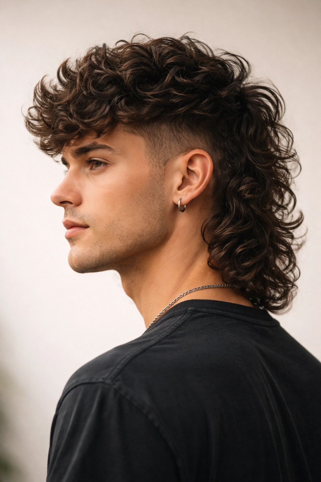 Three-quarter view of The Curly Mullet with defined curls at the back.