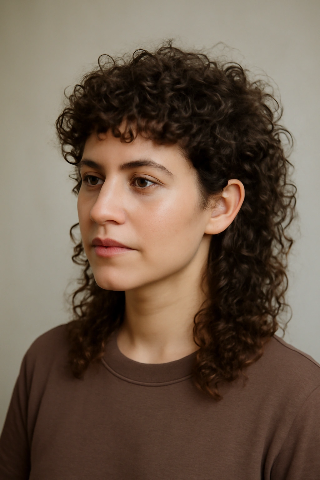 Close-up of a curly mullet with short front and longer curly back