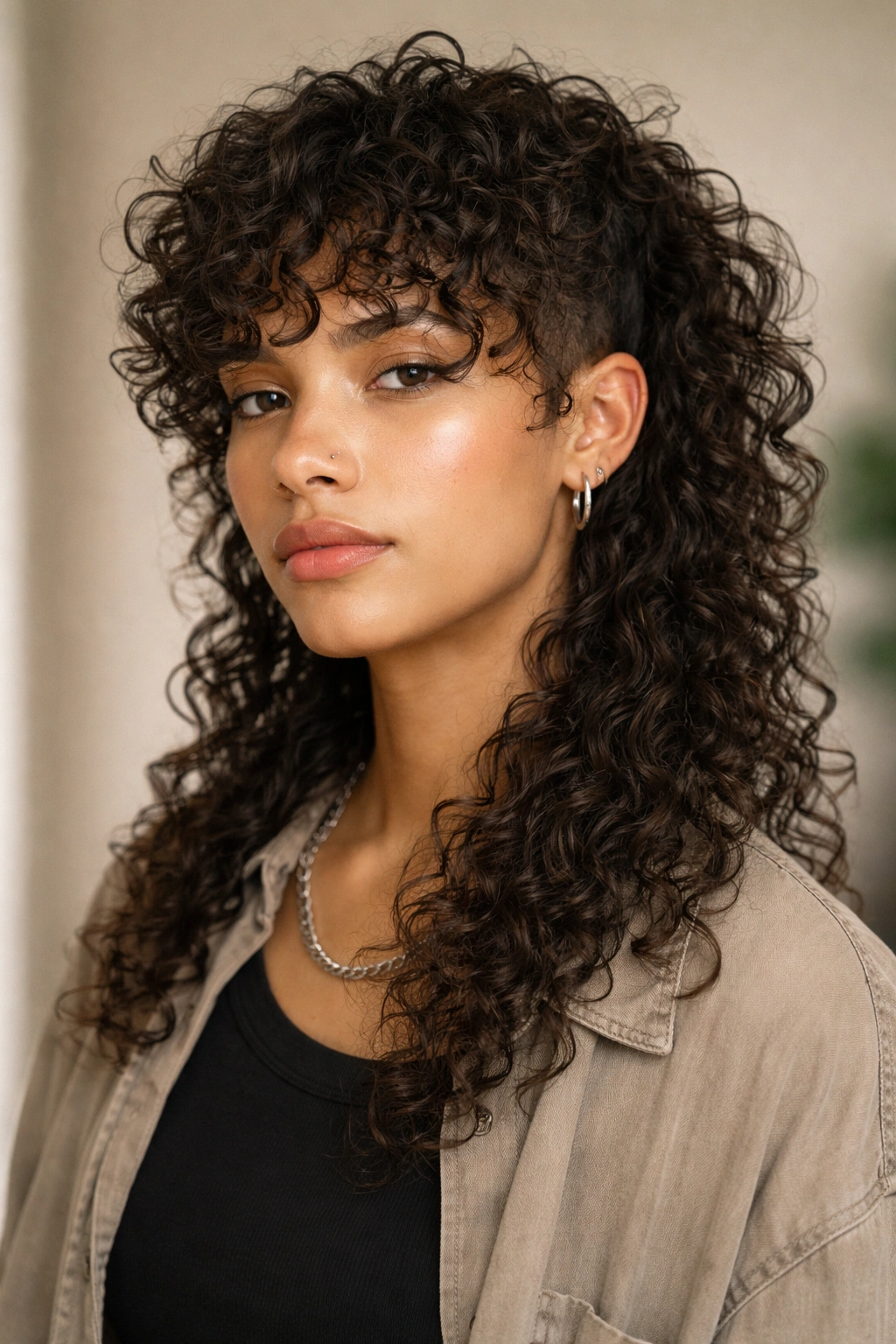 Portrait of a curly long mullet showing defined curls and a longer back