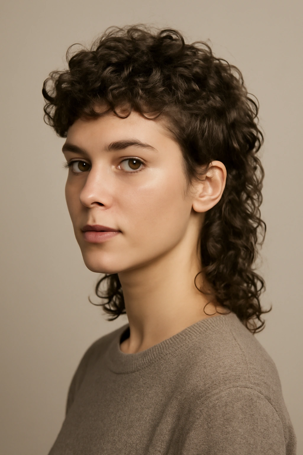 Portrait showing a curly mullet with short front and longer back curls
