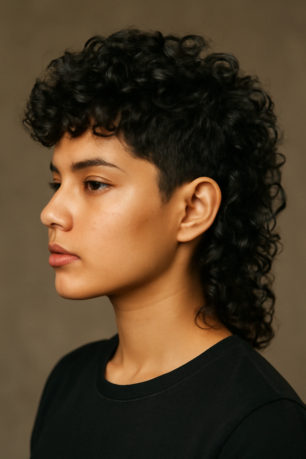 12 Short Haircuts Latina Women Are Asking For Now 11 Latina woman with a modern curly mullet featuring a shorter front and longer back.