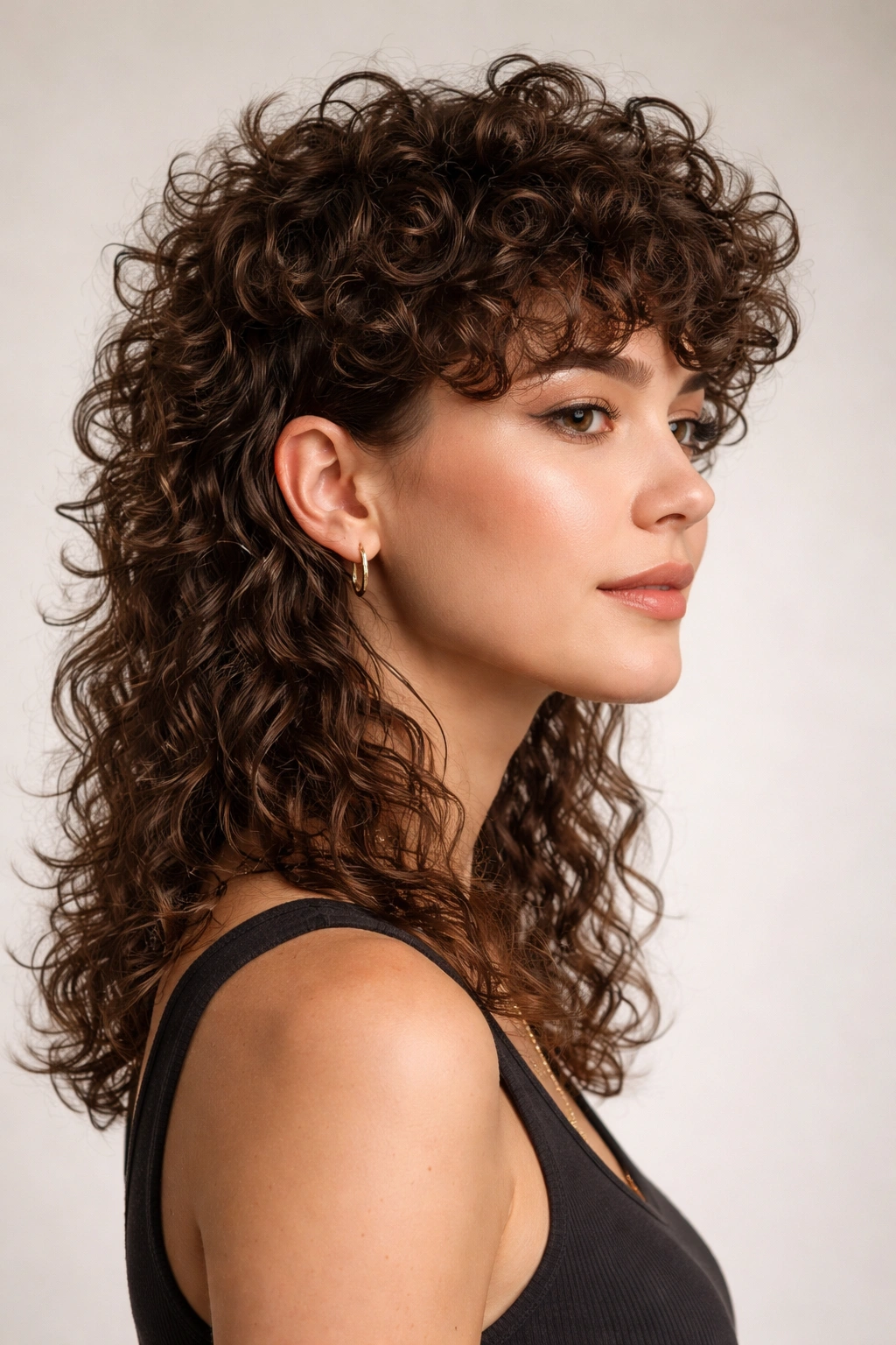 Curly mullet hairstyle with short curls on top and longer curls at back