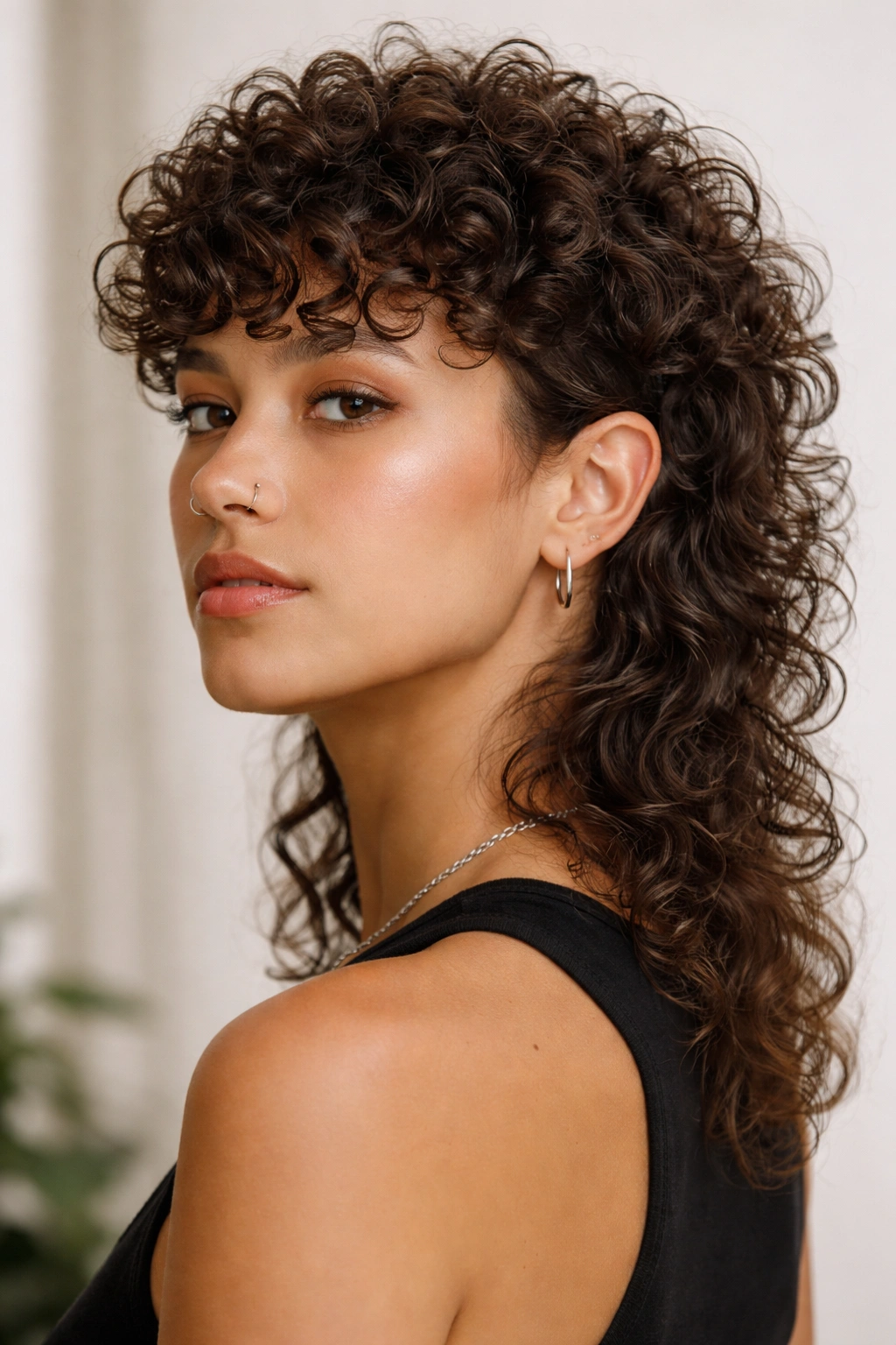 Close-up of a curly mullet hairstyle with defined curls and layered back in a studio portrait
