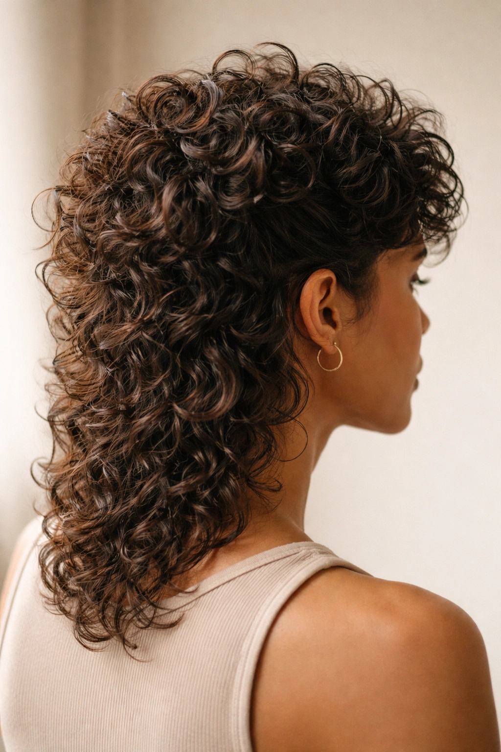 12 Curly Mullet Cuts With Serious Texture And Body 13 Close-up side profile of a curly mullet showing defined curls and layered texture in studio lighting