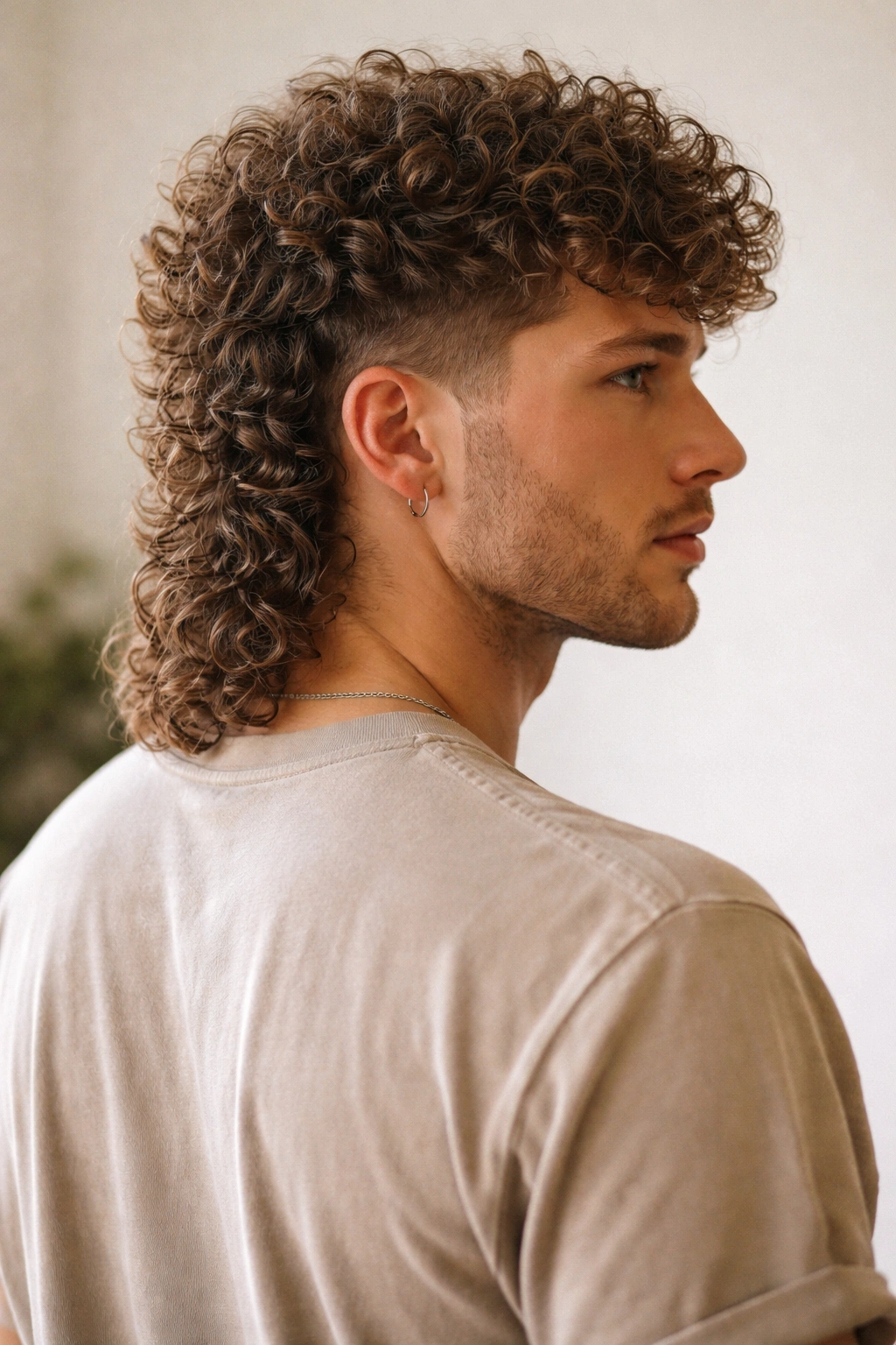 Portrait of a curly mullet with textured top and longer back.