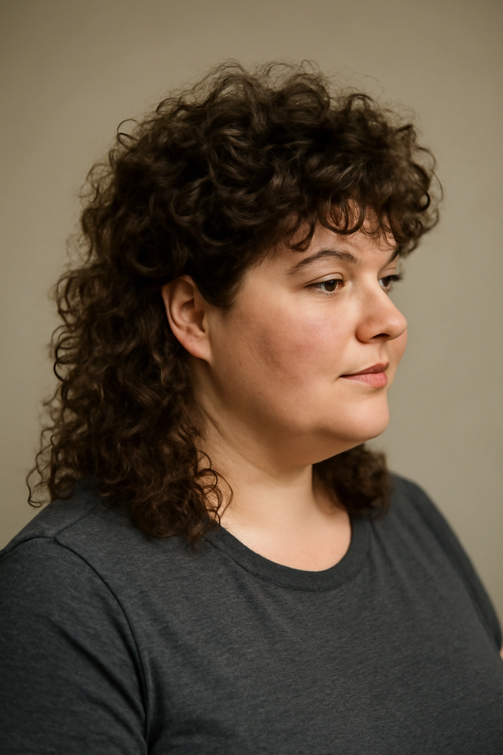 10 Flattering Mullet Haircuts for Plus Size Women 7 Curly mullet with volume on a plus-size model in studio portrait