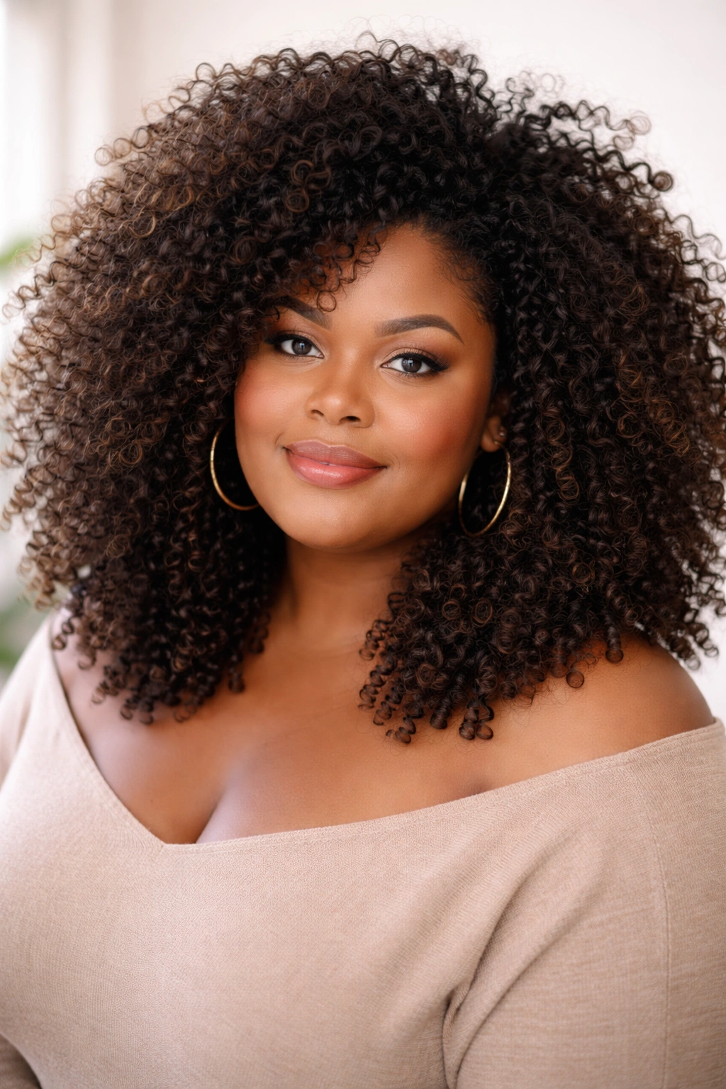 Plus-size woman wearing natural curly hair in full volume