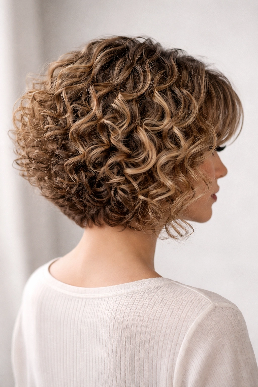 Curly permed stacked bob with defined spiral curls and layered back