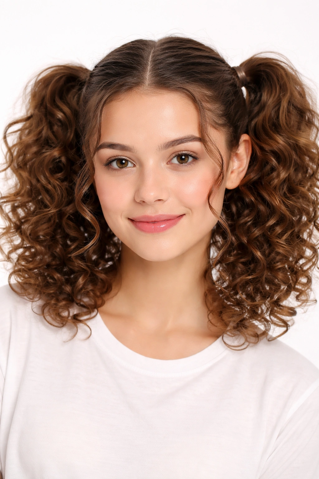 Curly hair with a center part and two curly pigtails behind the ears