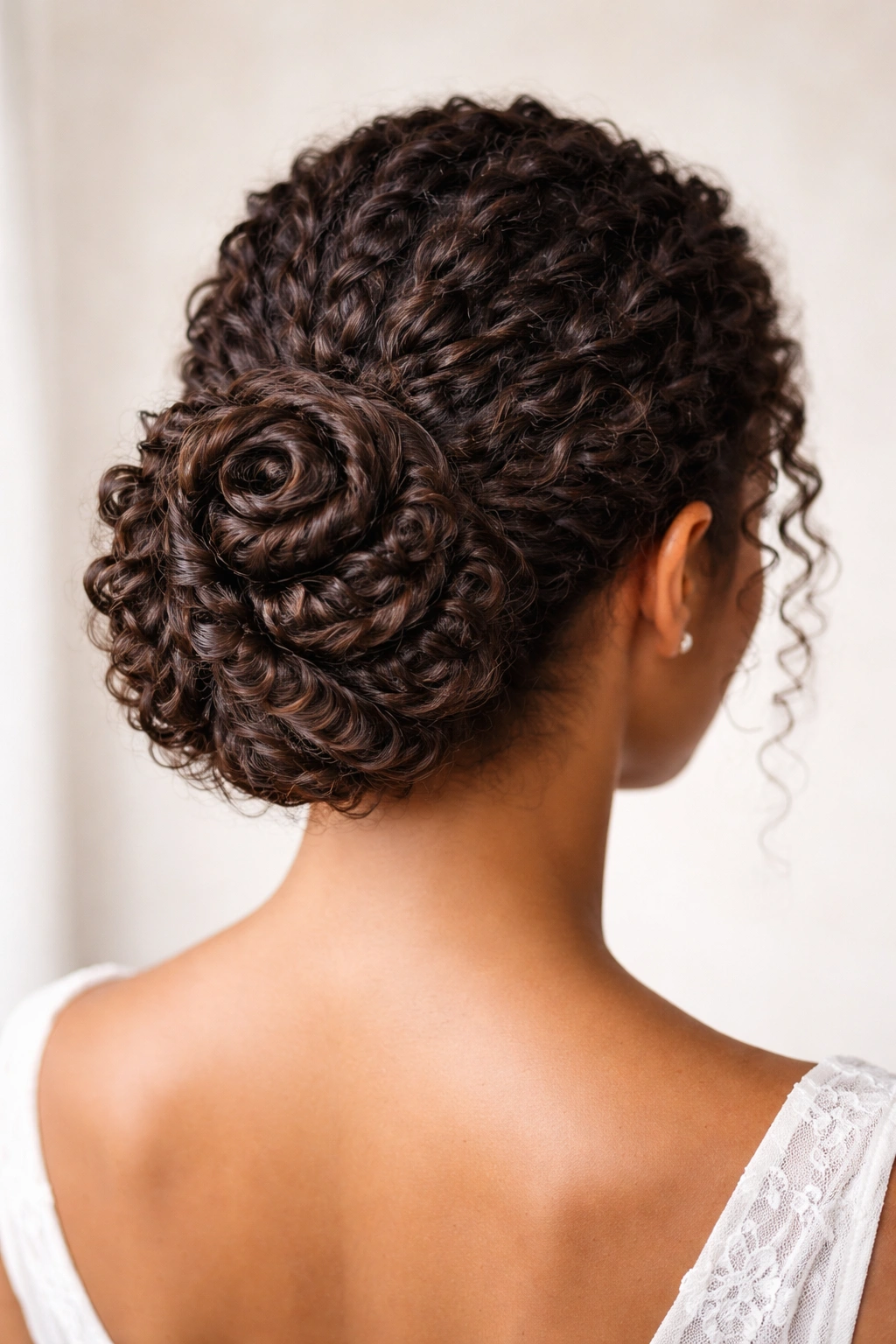 Close-up of curly pinwheel bun with spiral curls and dimensional texture.