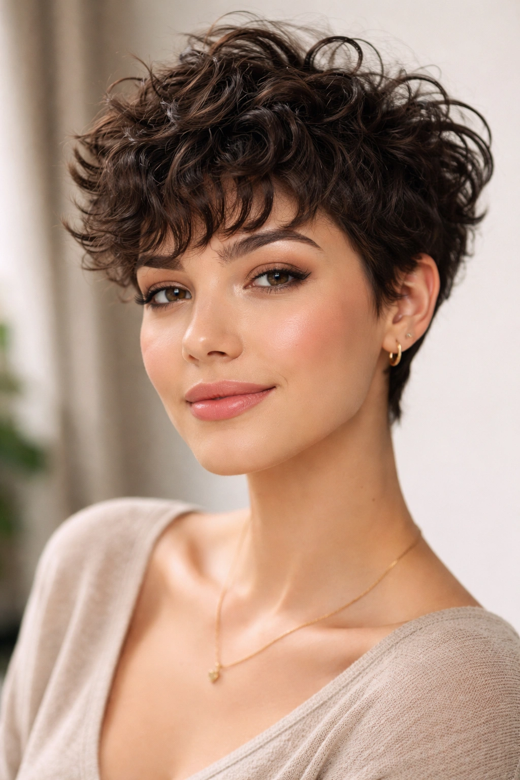 Close-up of a curly pixie with textured bangs highlighting curl pattern and volume