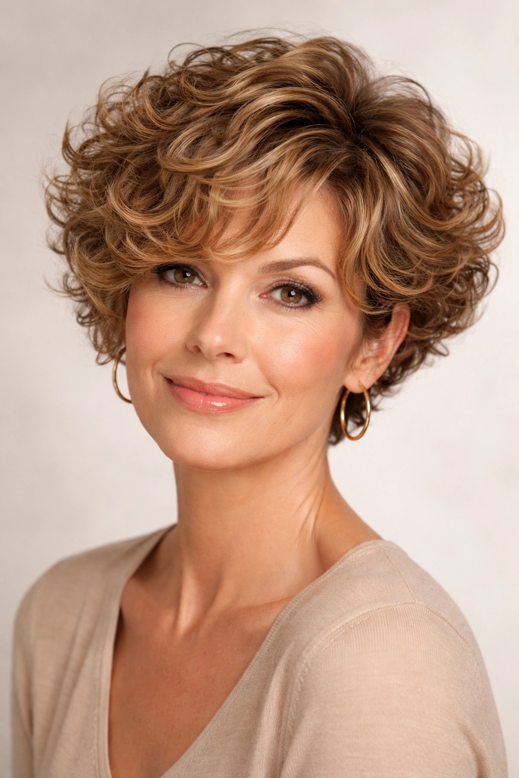 Close-up of curly pixie bob with golden highlights.