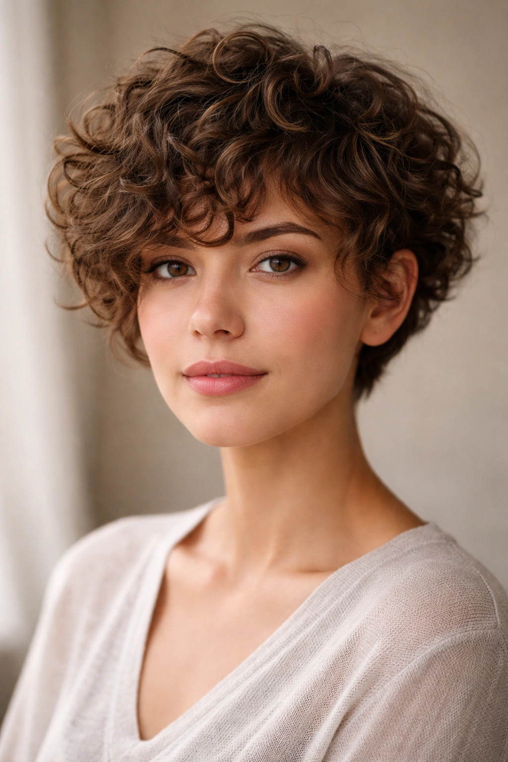 Close-up of a curly pixie-bob with textured top and longer front pieces.