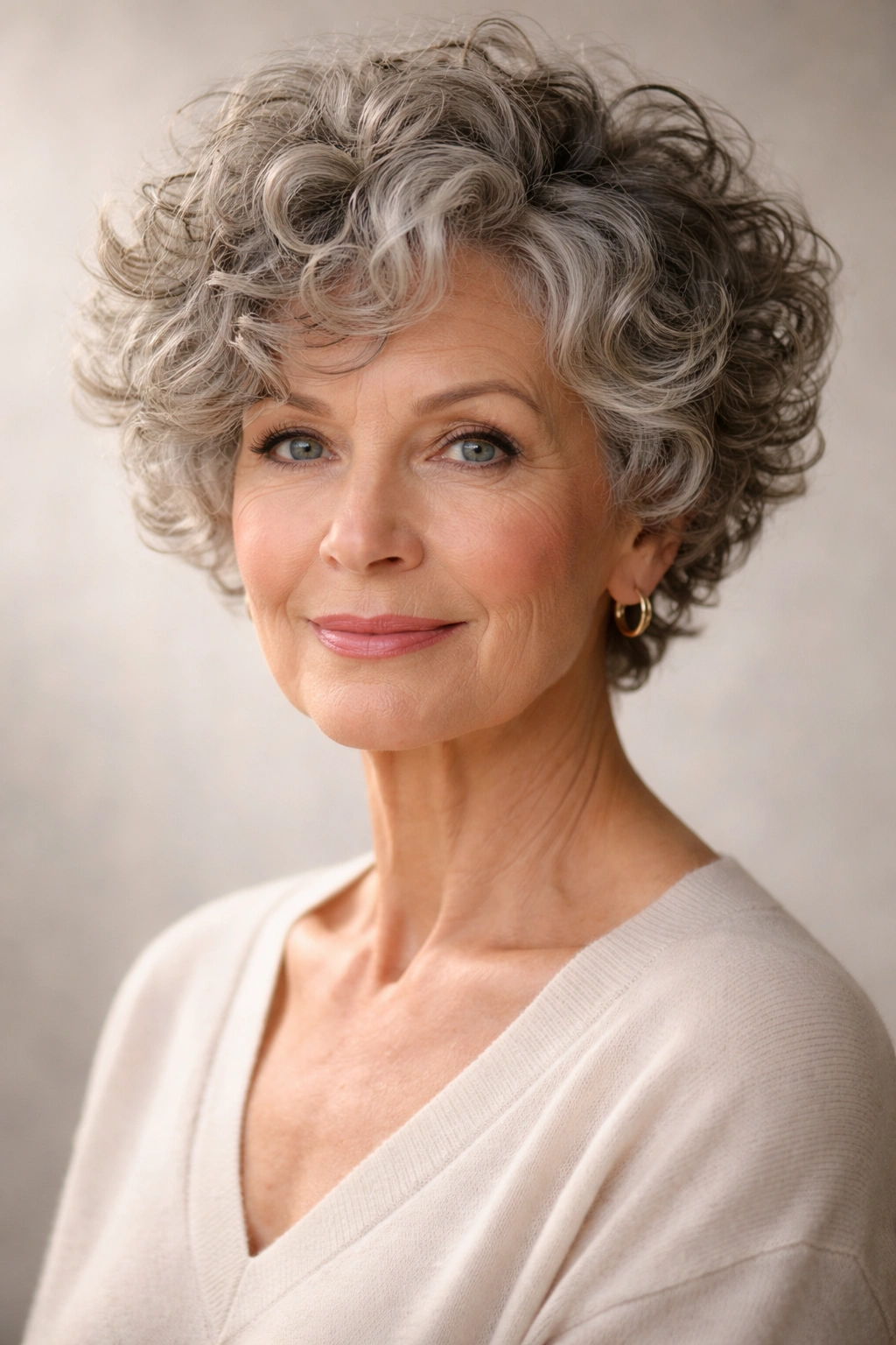Portrait of a mature woman with a curly pixie bob showcasing natural texture.