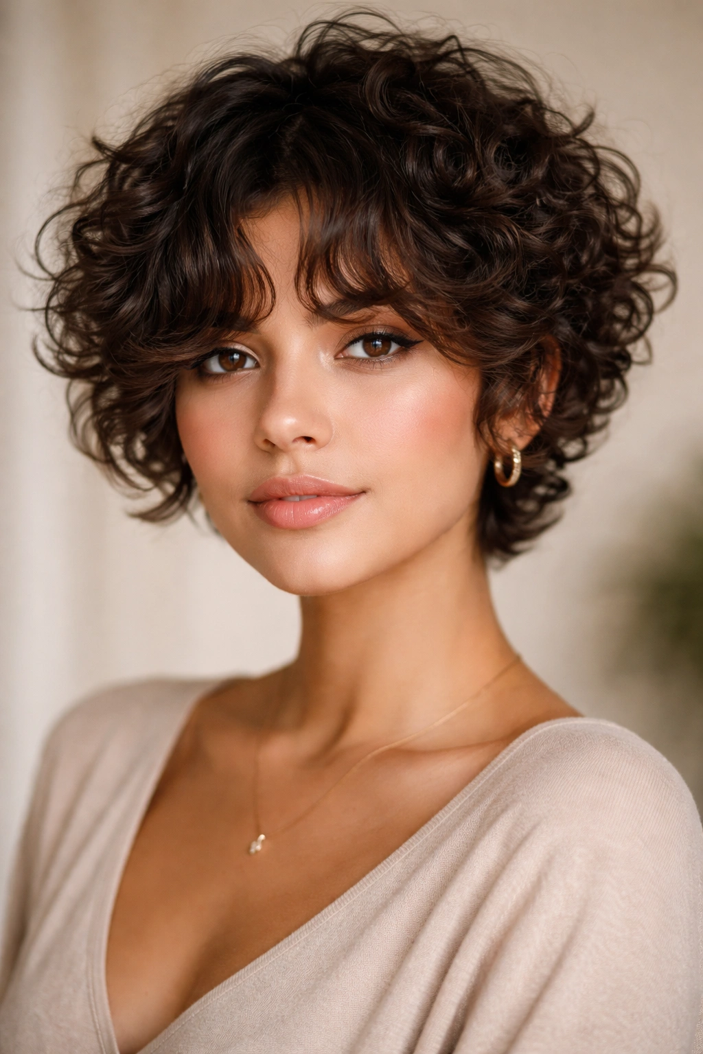 Portrait of a model with curly textured pixie and bouncy curtain bangs.